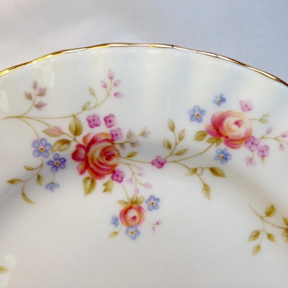Royal Albert 'Peach Rose' Bone China Trios — Peach Roses & Forget-Me-Nots on Cream, England, © 1982 — Pair