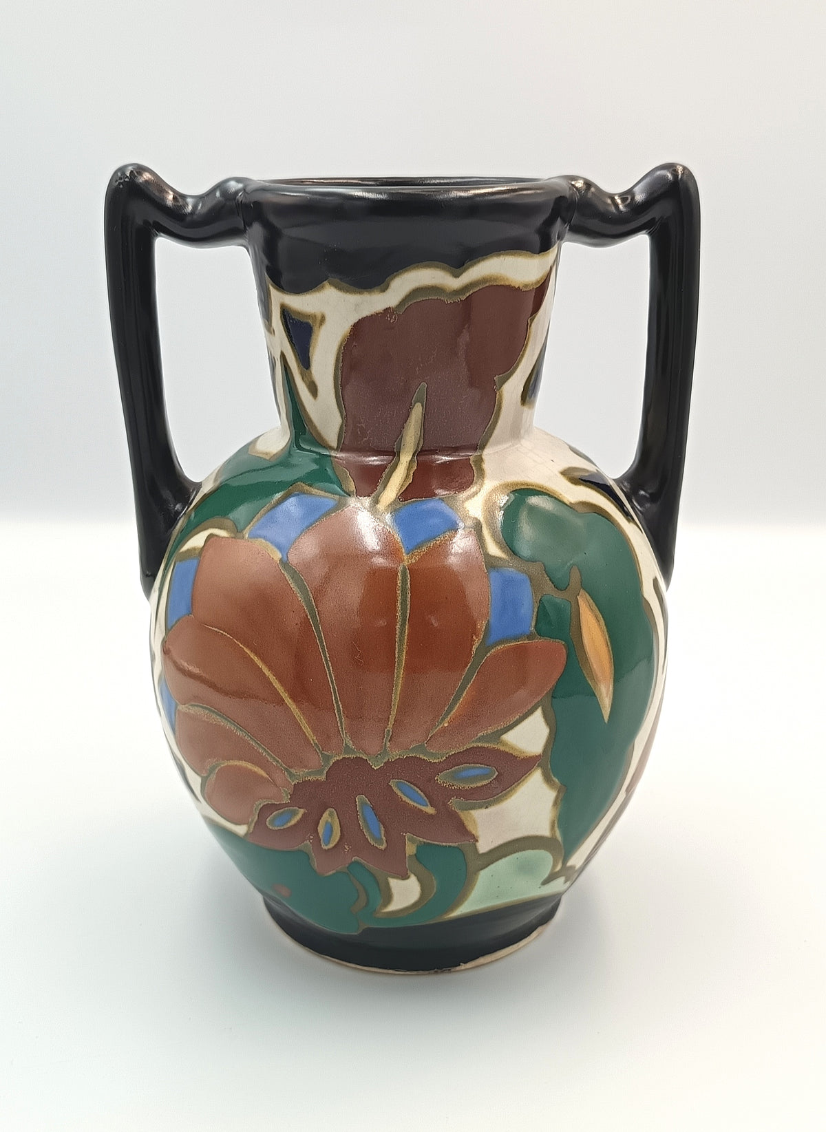 Japanese Export Art Pottery Vase | Gouda-Style Decoration | Twin Handles | Earthenware | circa 1920s–1930s