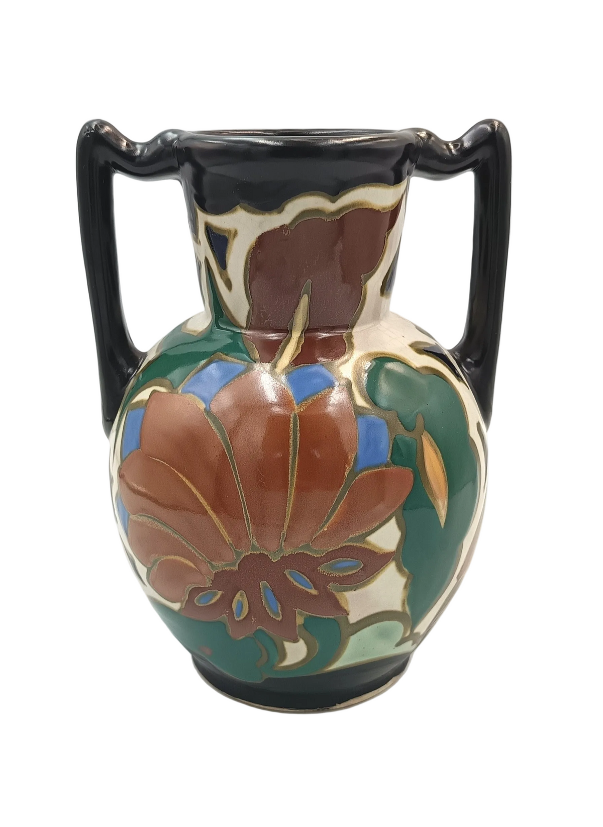 Japanese Export Art Pottery Vase | Gouda-Style Decoration | Twin Handles | Earthenware | circa 1920s–1930s