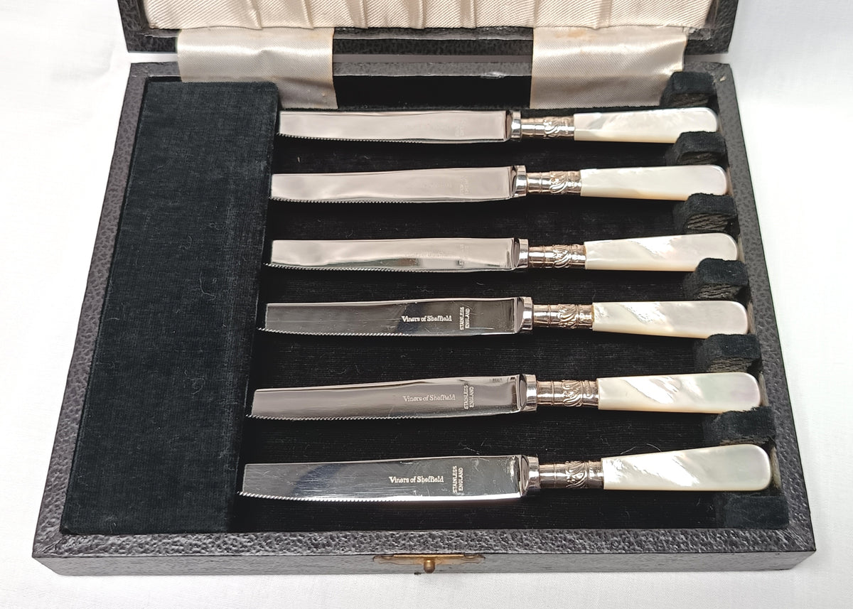 Viners of Sheffield | Six Fruit Knives | Mother-of-Pearl Handles | Sterling Silver Cuffs | Cased | c.1920s–1930s