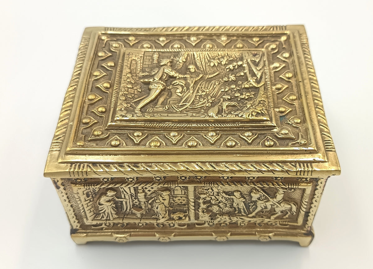 Embossed Brass Jewellery Casket | Medieval Revival Figural Panels | Cedar-Lined Interior | European, Late 19th–Early 20th Century