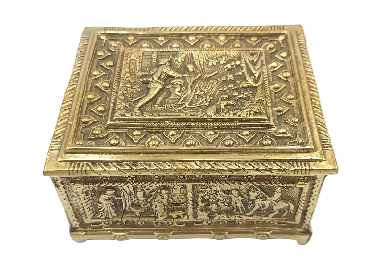 Embossed Brass Jewellery Casket | Medieval Revival Figural Panels | Cedar-Lined Interior | European, Late 19th–Early 20th Century