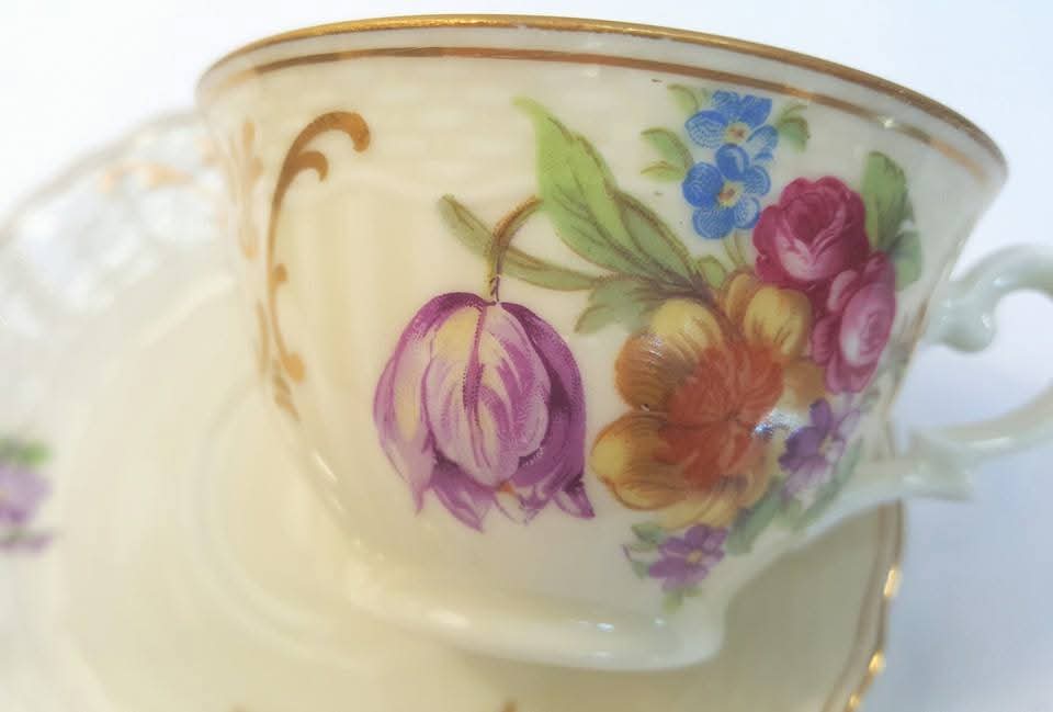 EPIAG | Scattered Flowers with Gilt Rococo Scrollwork | Demitasse Trio | Porcelain | Czechoslovakia | c.1920s–1930s