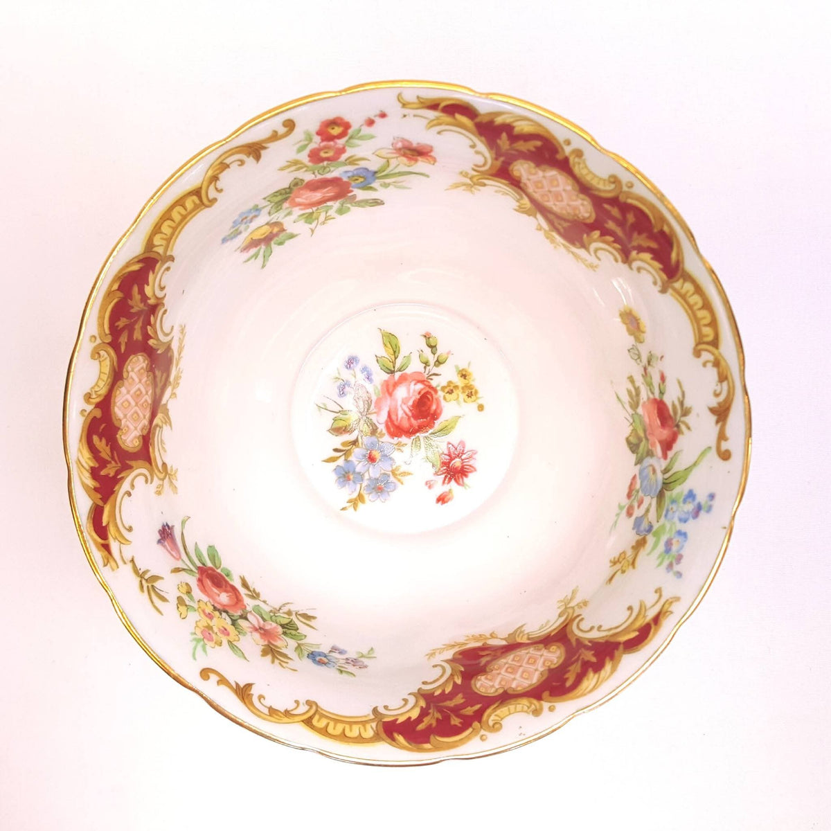 Tuscan Fine Bone China | Windsor | Cake Plate, Sugar Bowl & Milk Jug | Crimson & Gold Rococo | Circa late 1940s–1950s