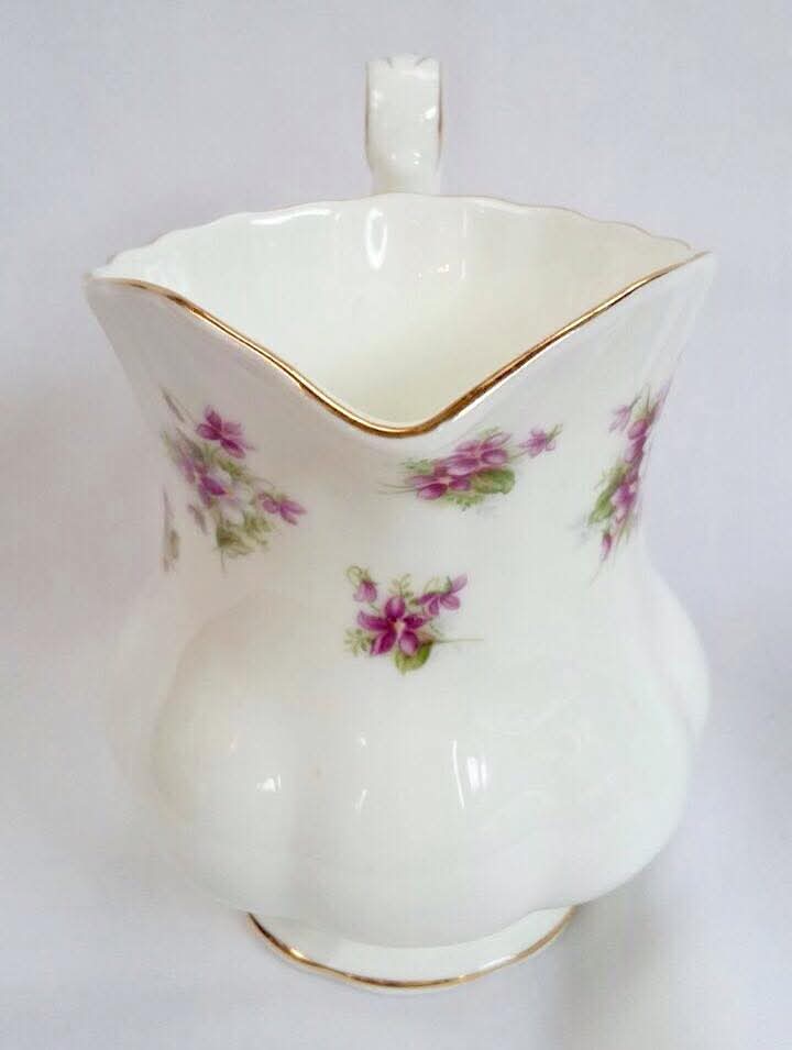 Royal Albert 'Sweet Violets' Bone China Milk Jug & Open Sugar Bowl — Purple Violets on White, England, c.1950s–1970s