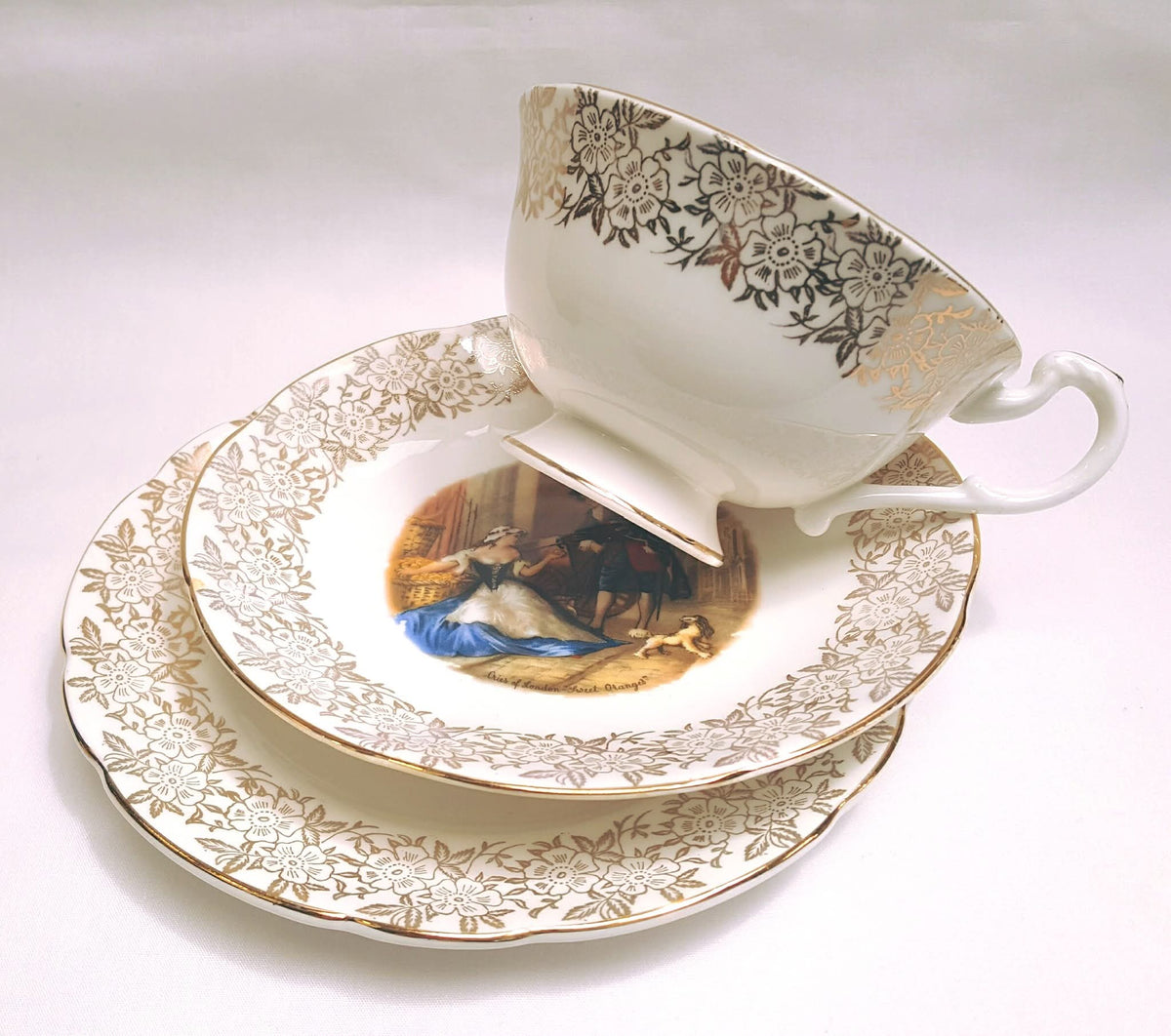 Springfield Bone China | 'Cries of London' Series | Bone China Trios (Teacup, Saucer & Side Plate) | Gold Floral Border | Made in England | Excellent Condition