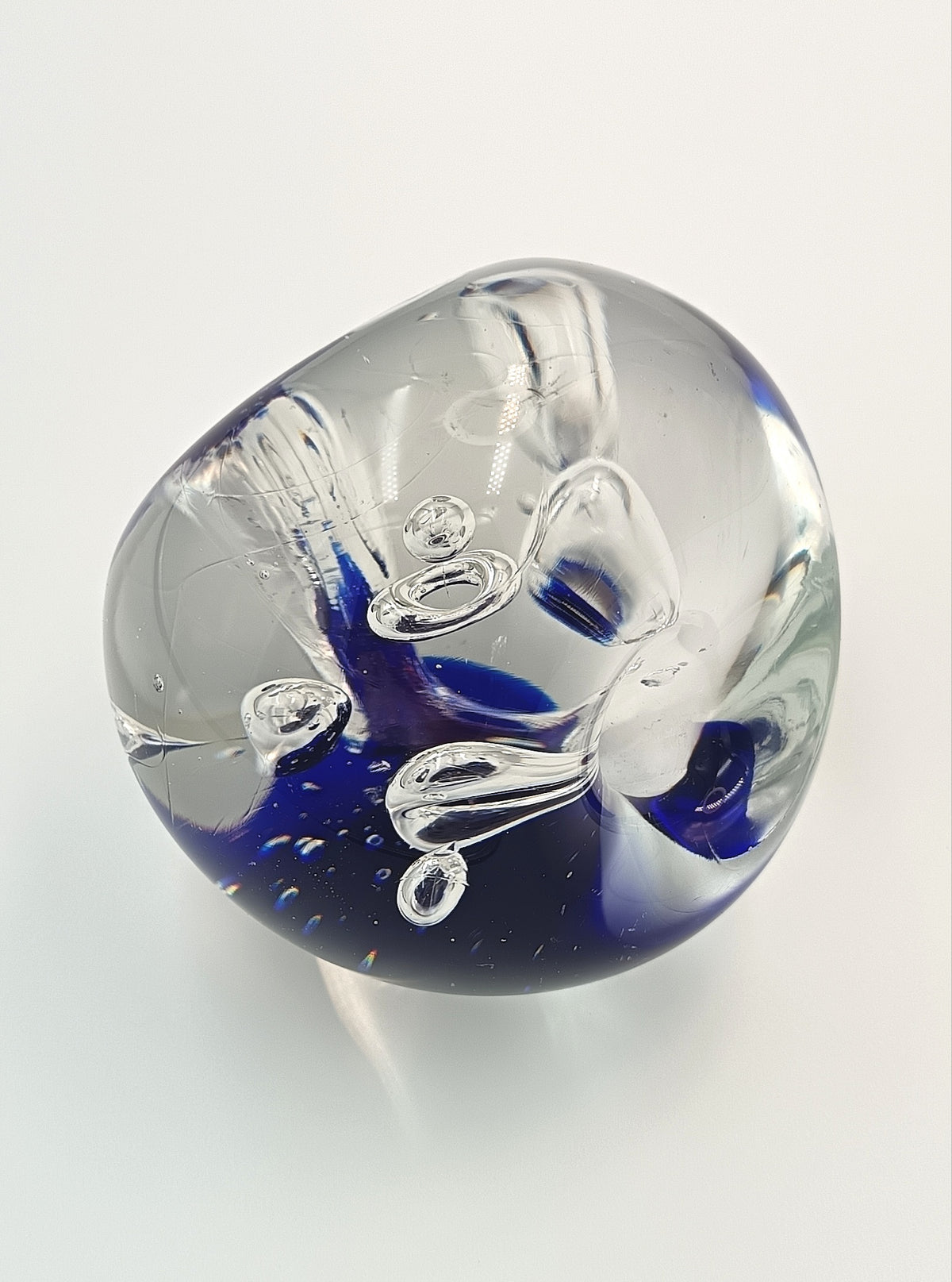Hand-Blown Studio Glass Paperweight | Cobalt Blue & Clear | Internal Bubble & Loop Decoration | Unattributed | 20th Century