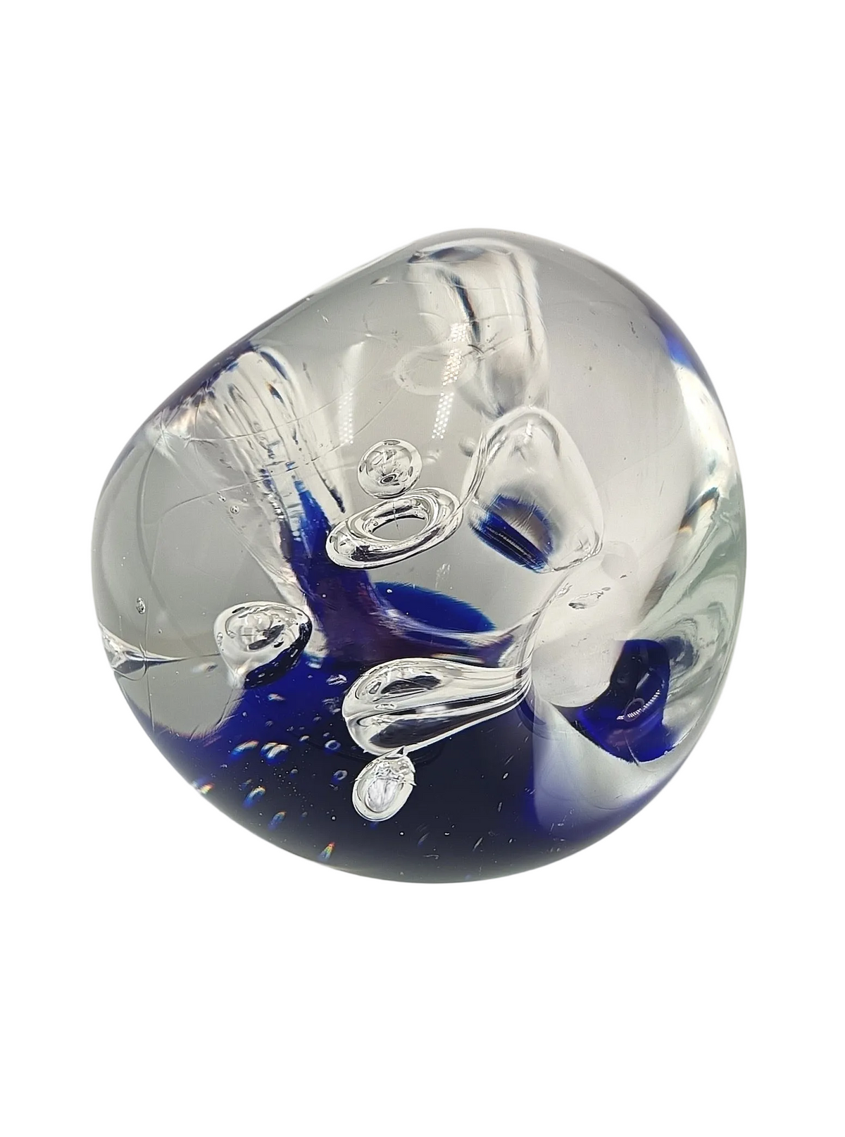 Hand-Blown Studio Glass Paperweight | Cobalt Blue & Clear | Internal Bubble & Loop Decoration | Unattributed | 20th Century