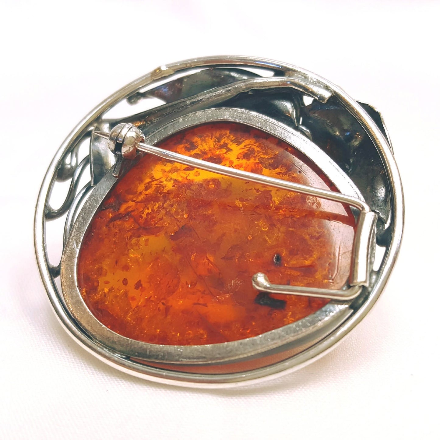 Antique Art Nouveau Sterling Silver Brooch | Large Natural Baltic Amber Cabochon | 45mm | 15g | Excellent Condition