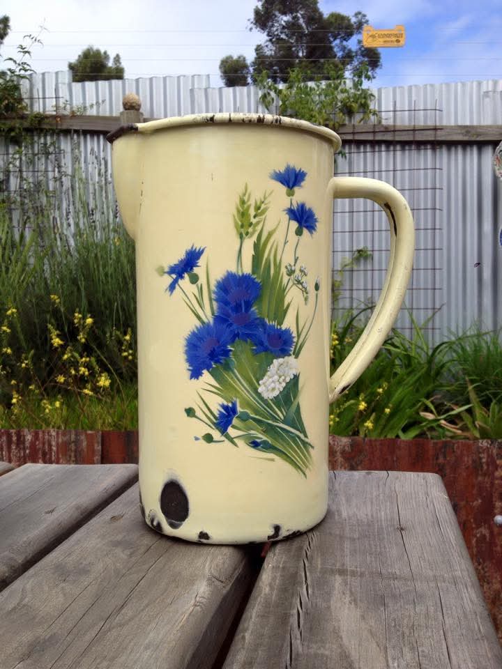 Enamelware Washbowl, Jug, Chamber Pot and Soap Tray | Four-Piece Set | Stencilled Cornflower Decoration | Enamelled Steel | Mid-Twentieth Century