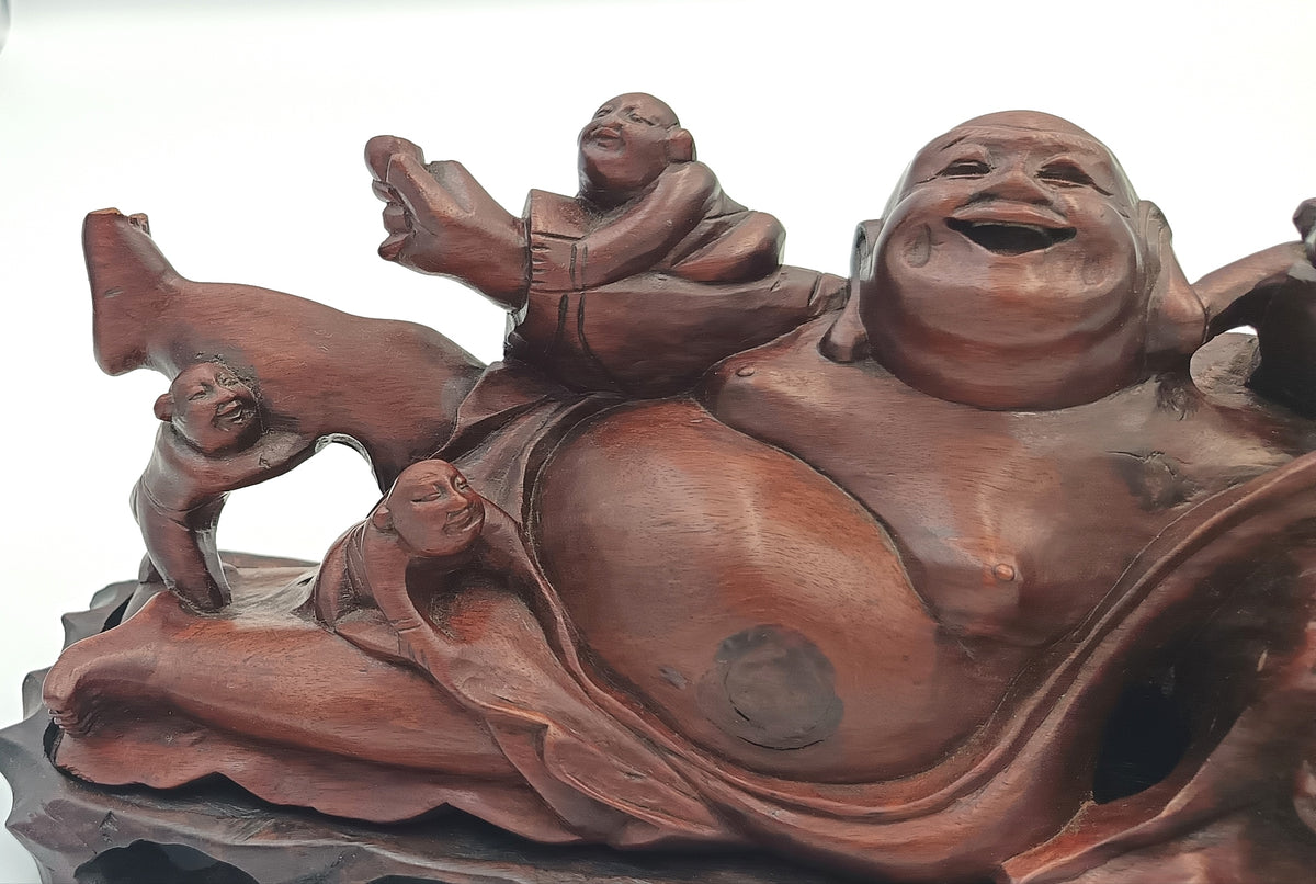 Chinese | Budai with Five Children | Hand-Carved Hardwood Figure Group | On Pierced Display Stand | 20th Century