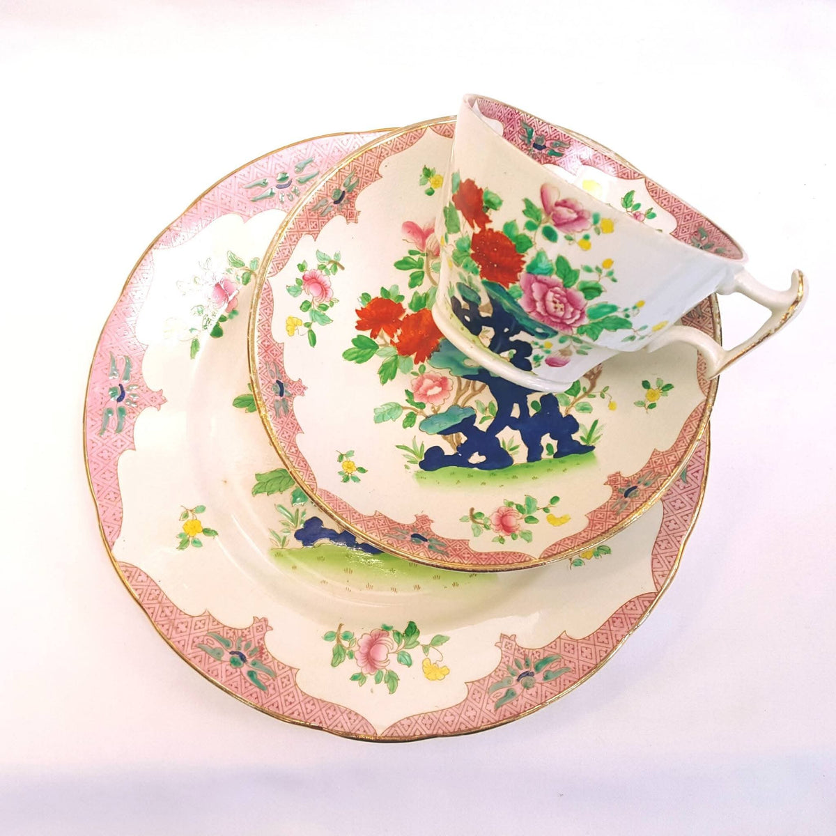 Booths | Mandarin | Six-Cup Teapot & Two Trios | Transferware Chinoiserie with Hand-Applied Colour | Circa 1906