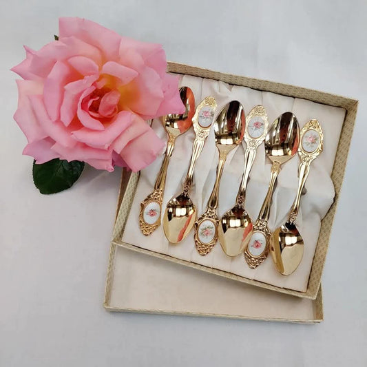 Vintage Eetrite 24-Carat Gold Plated Teaspoon Set — Set of 6, Pink Rose Porcelain Inlay, Original Box