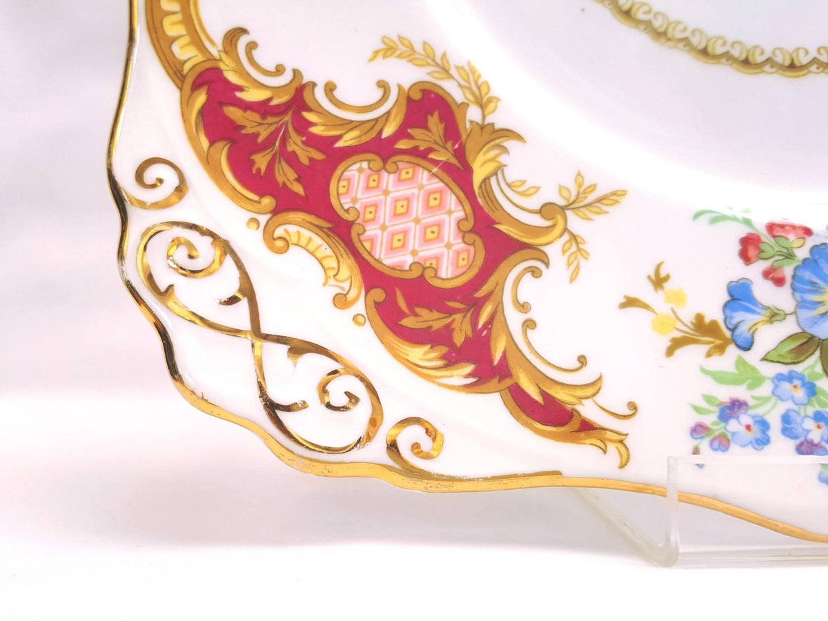 Tuscan Fine Bone China | Windsor | Cake Plate, Sugar Bowl & Milk Jug | Crimson & Gold Rococo | Circa late 1940s–1950s