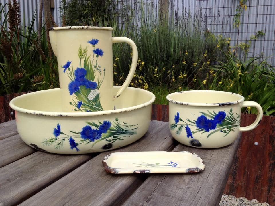 Enamelware Washbowl, Jug, Chamber Pot and Soap Tray | Four-Piece Set | Stencilled Cornflower Decoration | Enamelled Steel | Mid-Twentieth Century