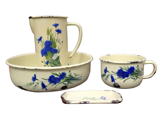 Enamelware Washbowl, Jug, Chamber Pot and Soap Tray | Four-Piece Set | Stencilled Cornflower Decoration | Enamelled Steel | Mid-Twentieth Century