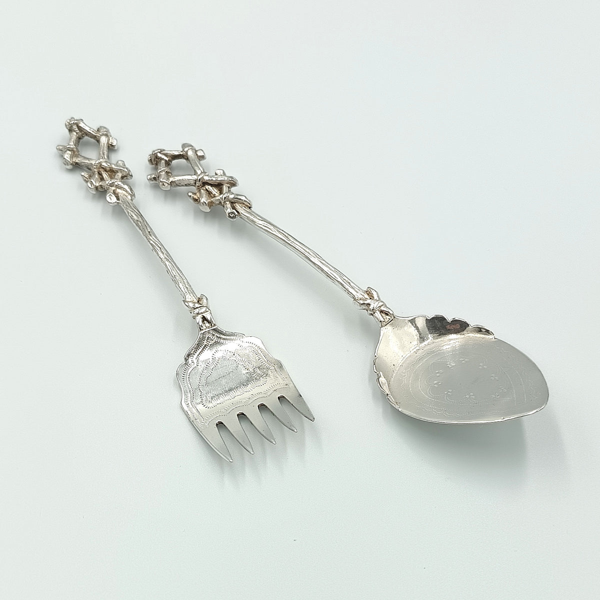 Antique Silver Plate Serving Set | Rustic Twig & Knotwork Handles | Pastry/Cake Server & Fork | Victorian Aesthetic Style | Good Antique Condition