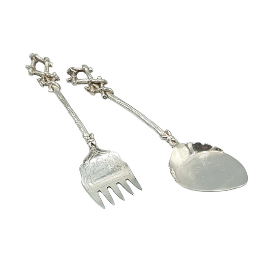 Antique Silver Plate Serving Set | Rustic Twig & Knotwork Handles | Pastry/Cake Server & Fork | Victorian Aesthetic Style | Good Antique Condition