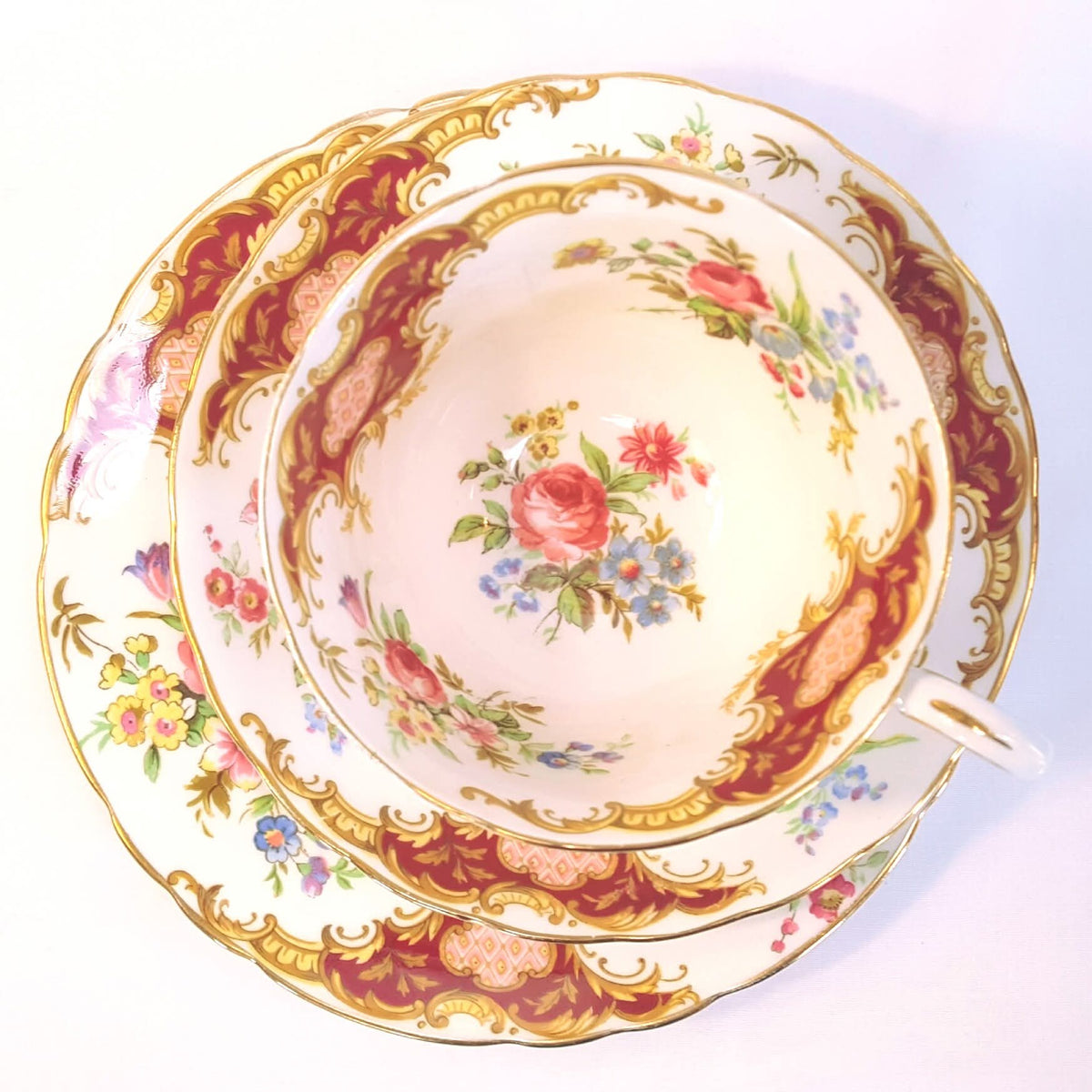 Tuscan Fine Bone China | Windsor | Trio | Cup, Saucer & Side Plate | Crimson & Gold Rococo | Circa late 1940s–1950s