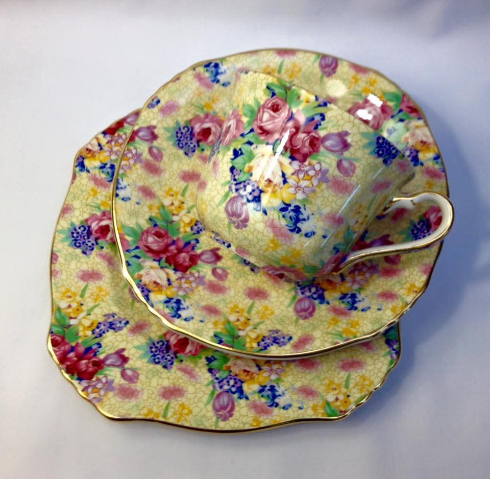 Grimwades Royal Winton 'Welbeck' Chintz Trios — Yellow Ground, 1995 Revival Issue — Pair
