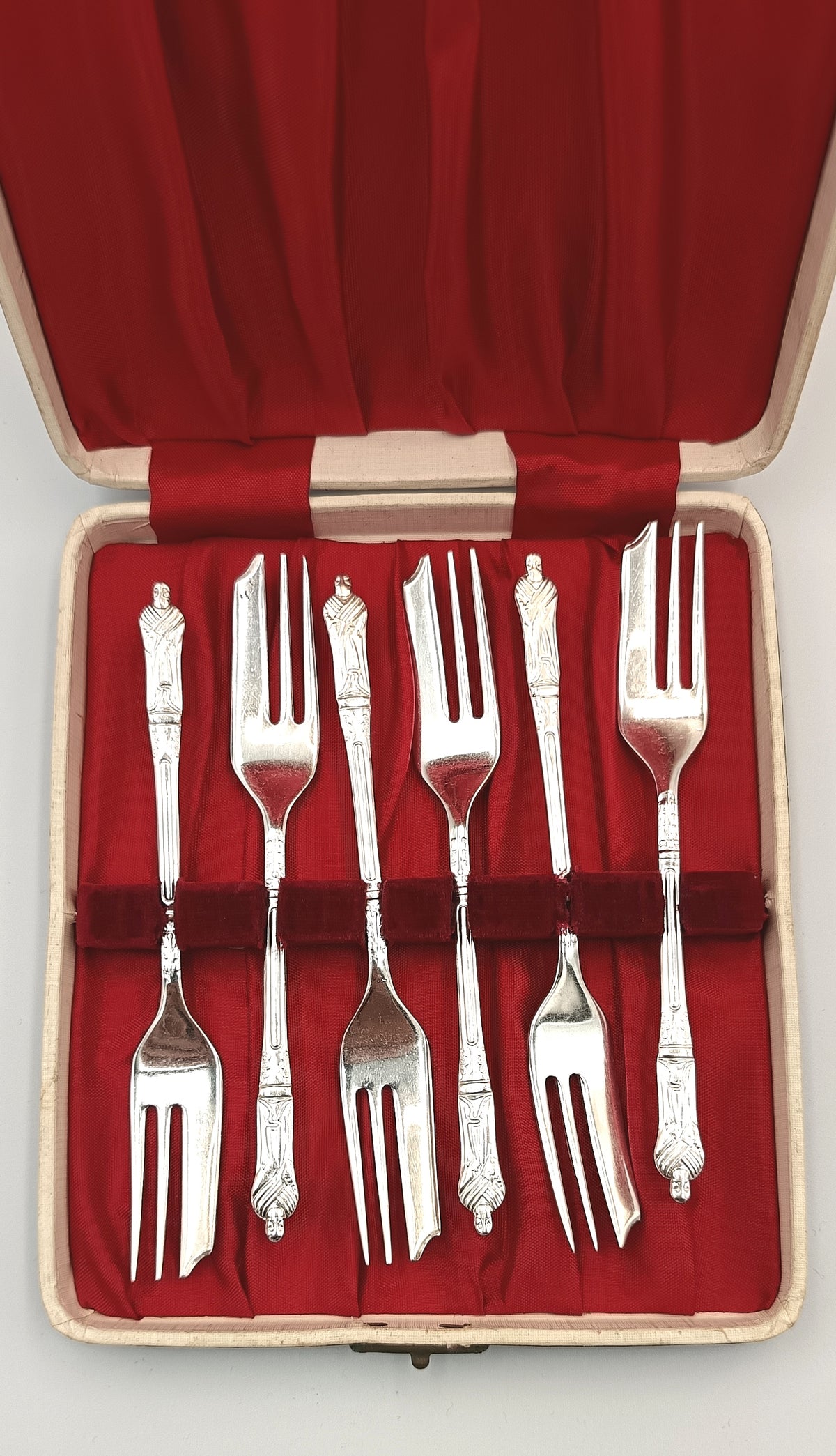 Six Silver-Plated Apostle-Style Cake Forks | Cased Set | Mid-20th Century