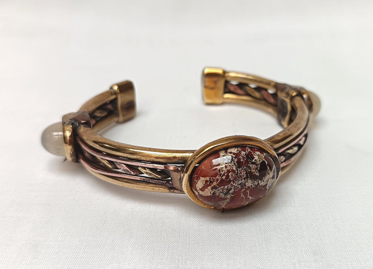 Handcrafted Artisan Solid Copper & Brass Cuff Bangle | Natural Moonstone & Brecciated Jasper Cabochons | One-of-a-Kind | Unisex