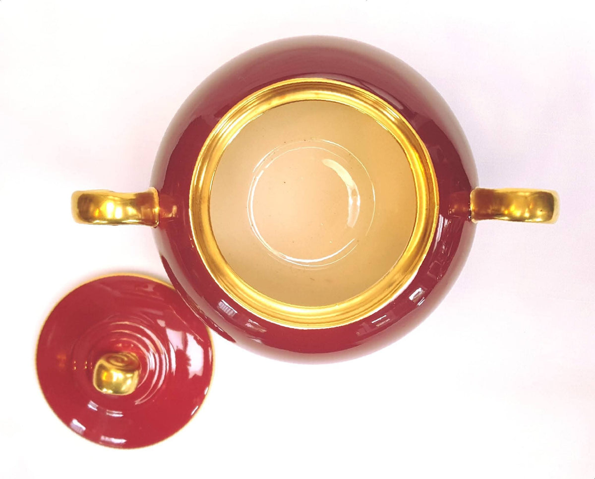Crown Devon | Fielding's | Lynton Shape | Art Deco Burgundy & Gold Coffee Service | 15 Pieces | Rd Applied For | Pattern 3184 | Circa Late 1920s–1930s | England | Excellent Unused Condition