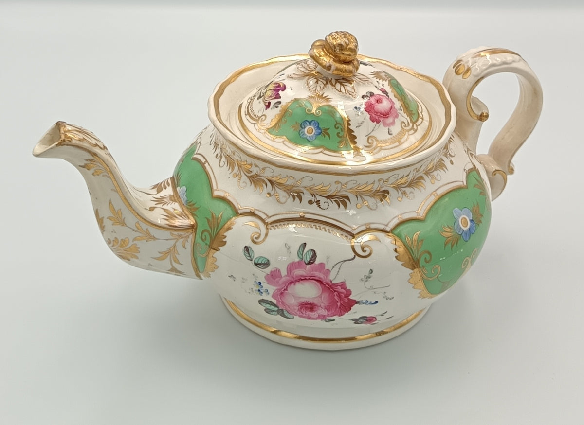 English Porcelain | Part Tea Service | Green Ground with Gilt Acanthus and Hand-Painted Flower Reserves | Pattern 239 | c.1820–1840 | 13 Pieces