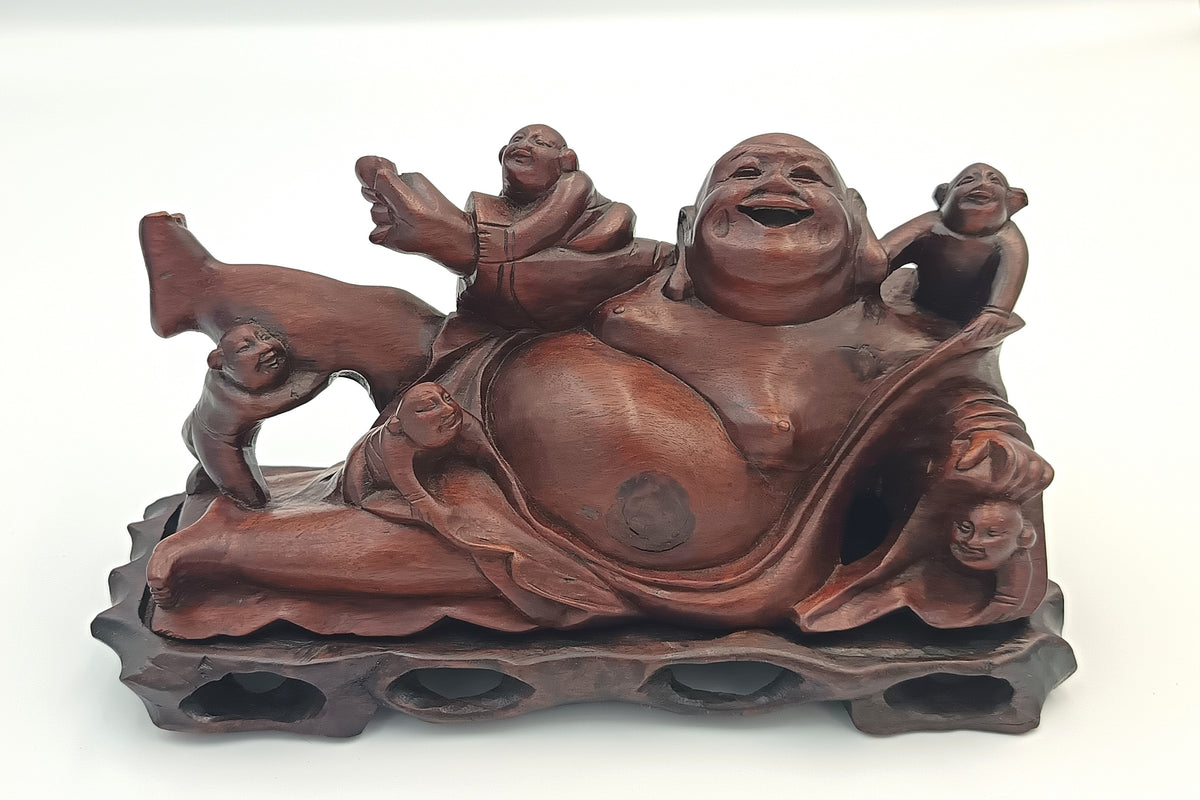 Chinese | Budai with Five Children | Hand-Carved Hardwood Figure Group | On Pierced Display Stand | 20th Century