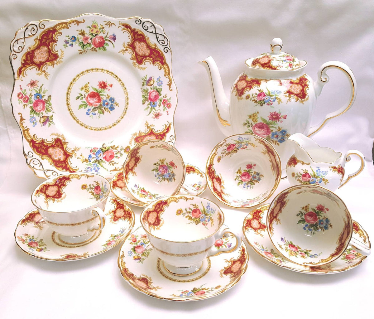 Tuscan Fine Bone China | Windsor | Coffee Set | Crimson & Gold Rococo | Circa late 1940s–1950s