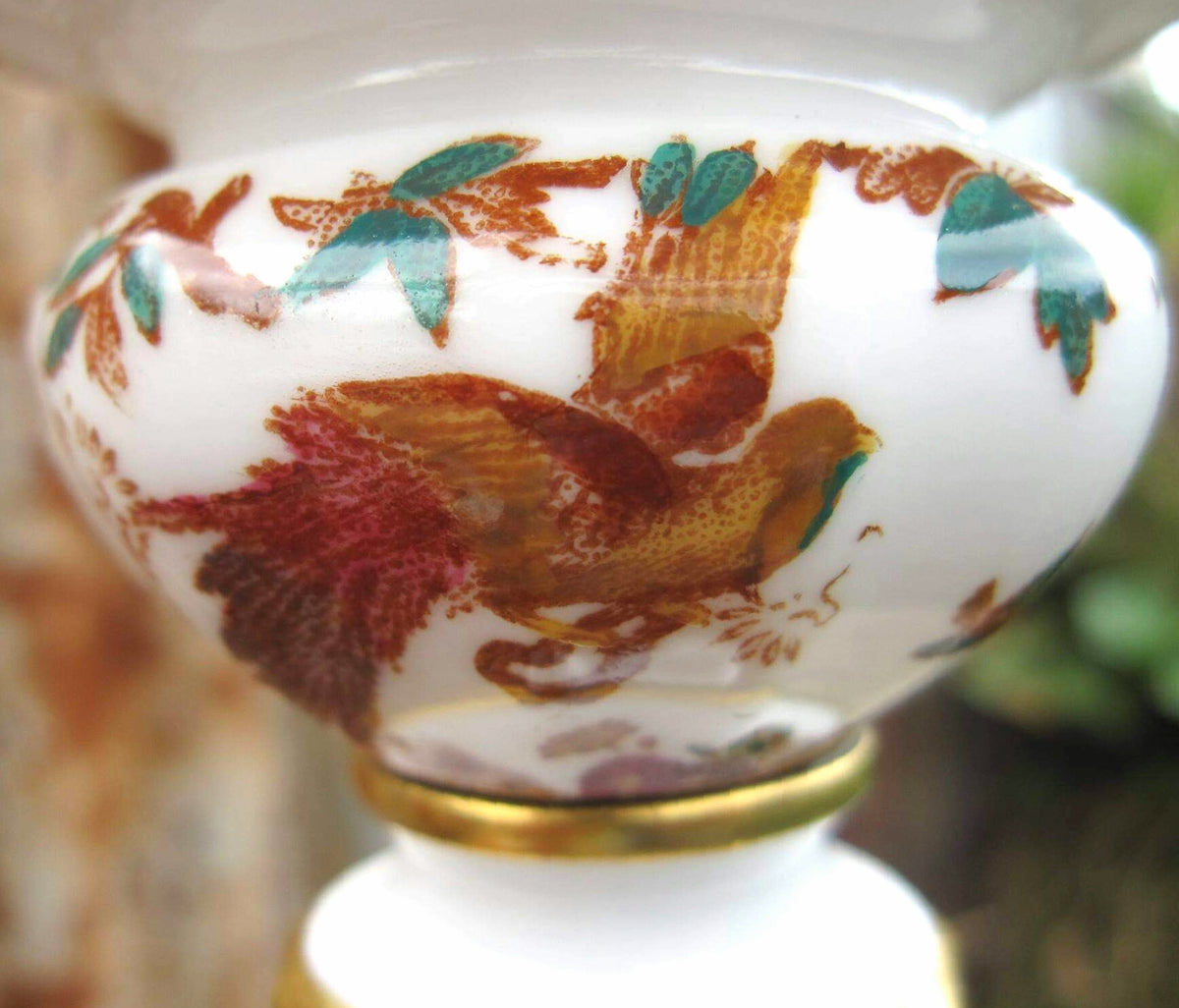 Pair of Royal Crown Derby ‘Olde Avesbury’ Porcelain & Wooden Candlesticks