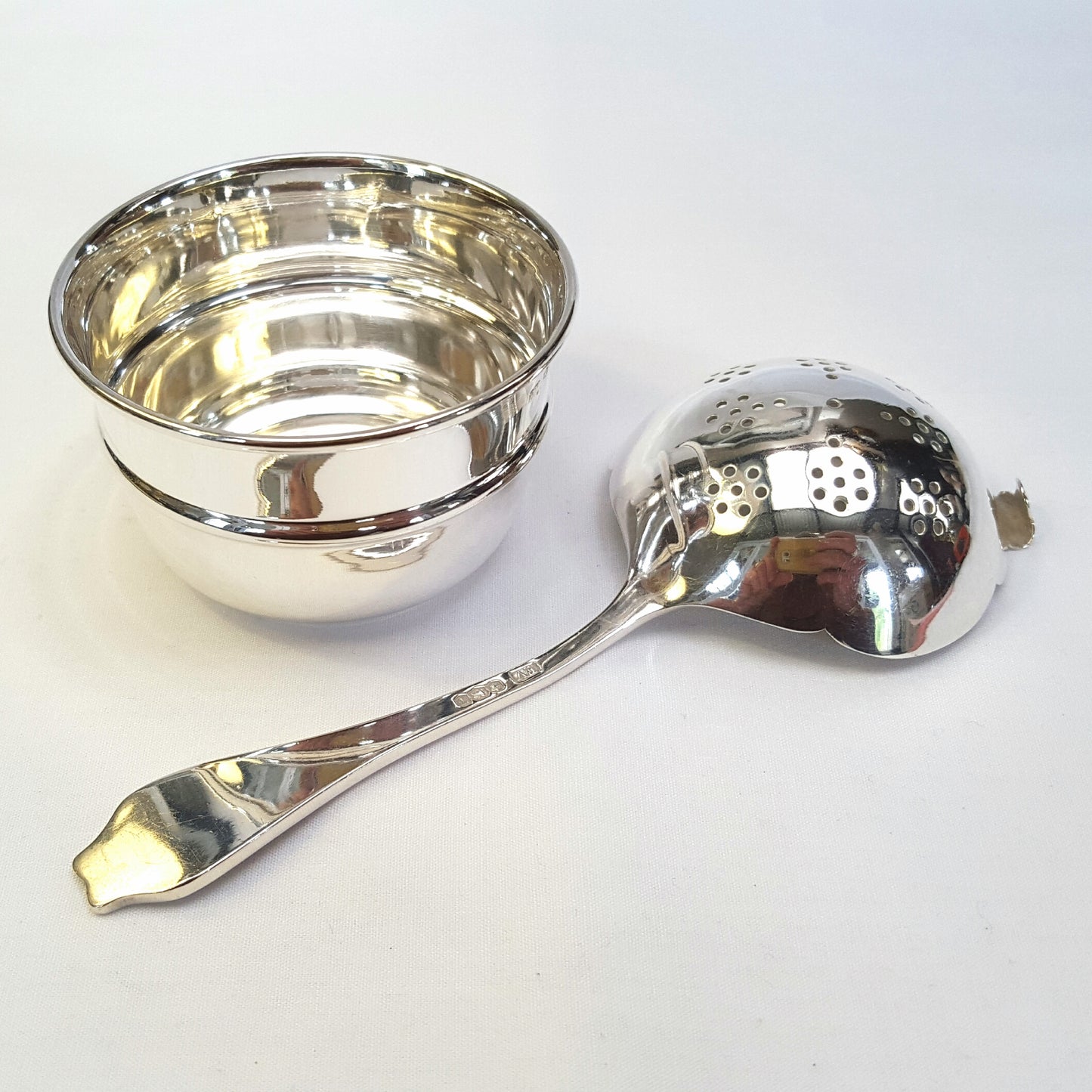 Hallmarked Sterling Silver Tea Strainer & Bowl Set