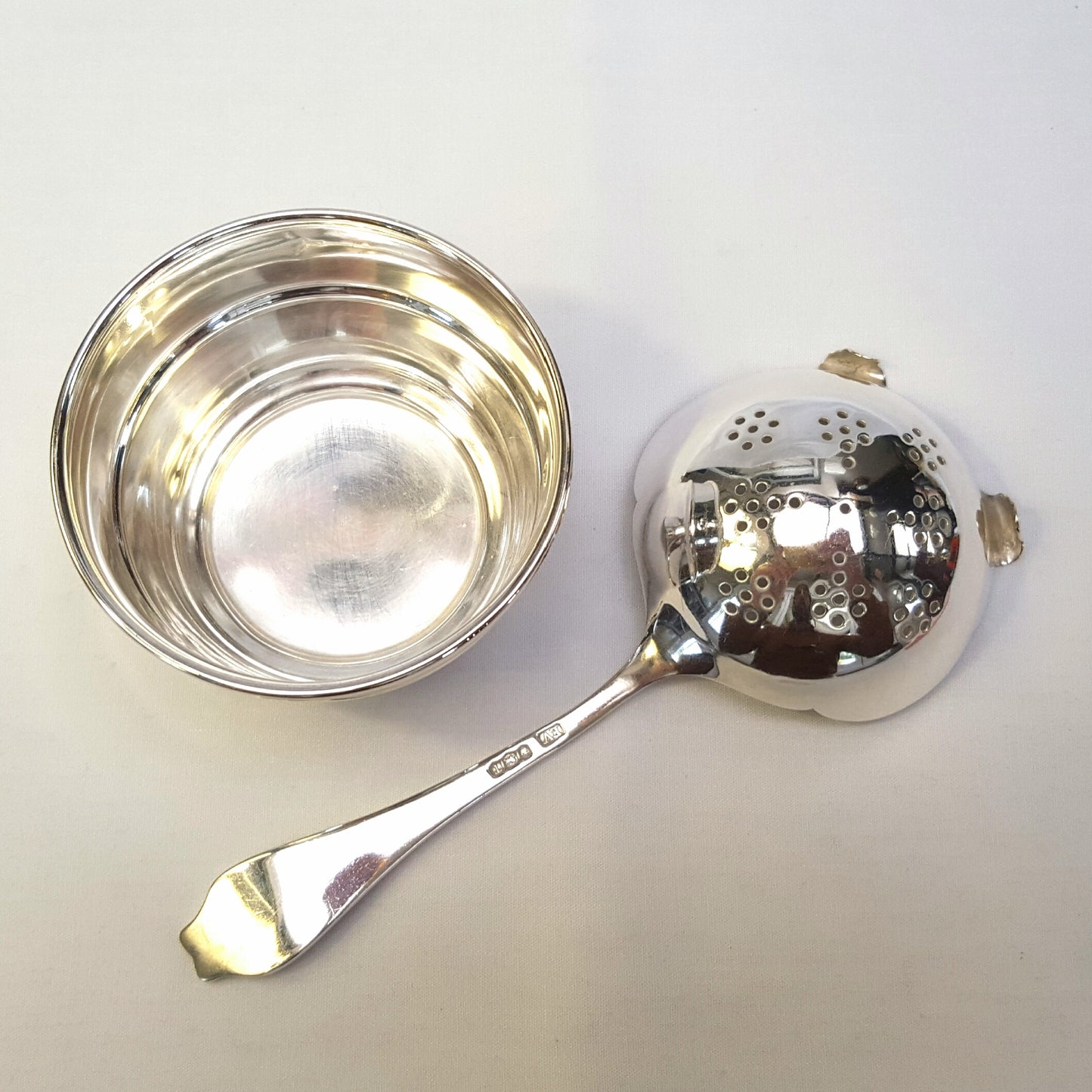 Hallmarked Sterling Silver Tea Strainer & Bowl Set