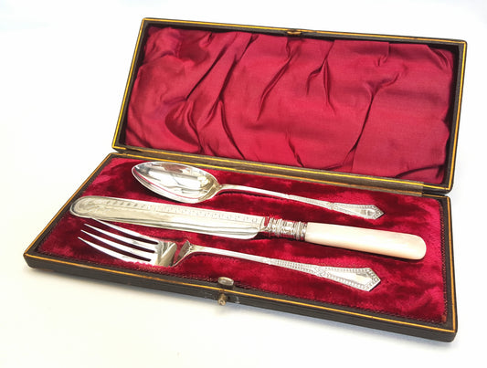 Rare Victorian flatware set for one with mother-of-pearl handles in original presentation case.