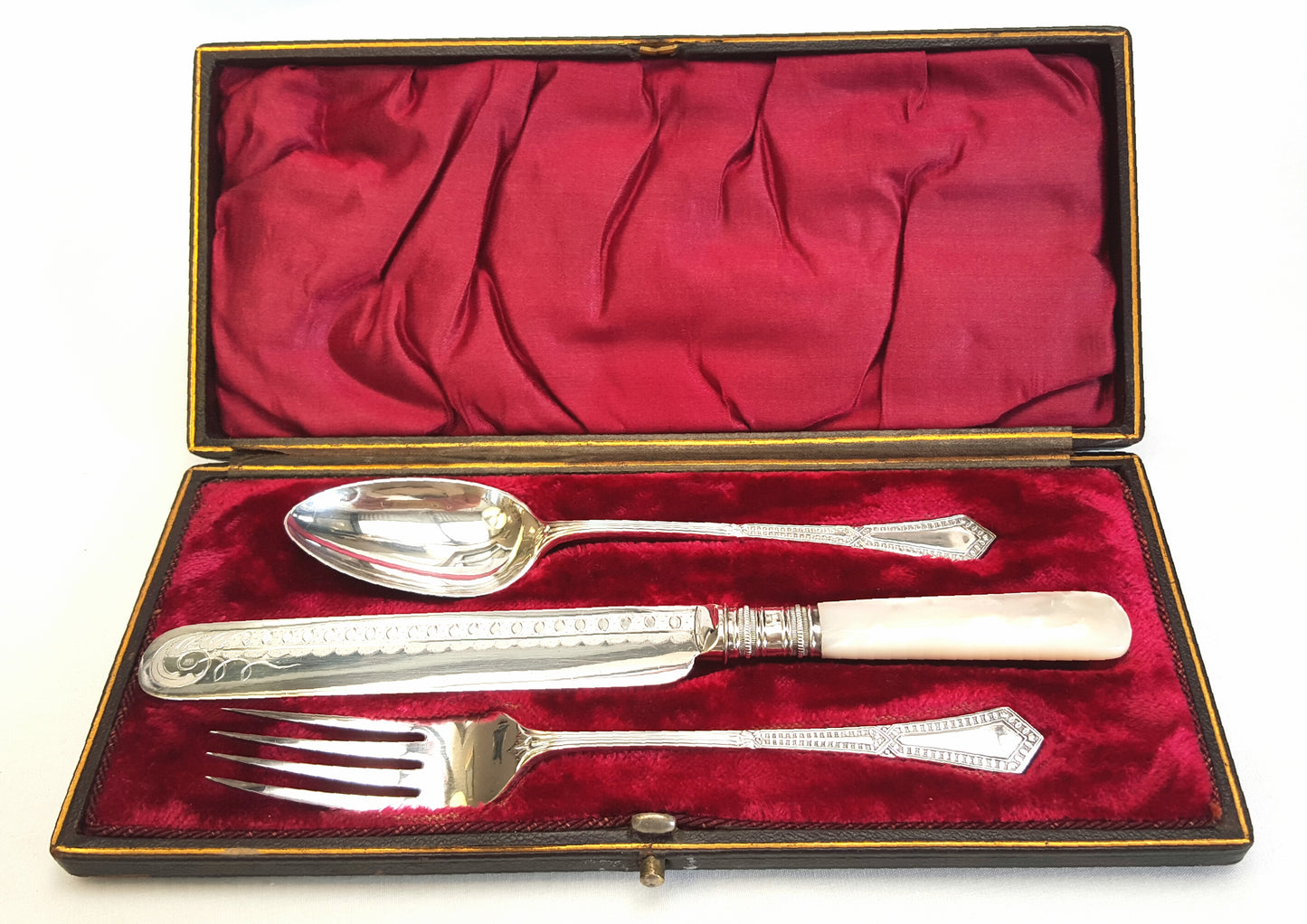 Rare Victorian flatware set for one with mother-of-pearl handles in original presentation case.