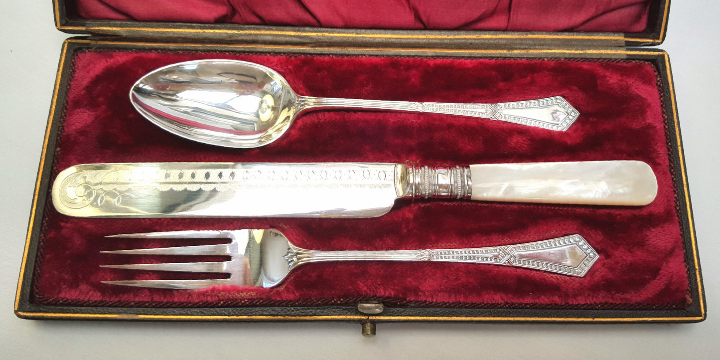 Rare Victorian flatware set for one with mother-of-pearl handles in original presentation case.
