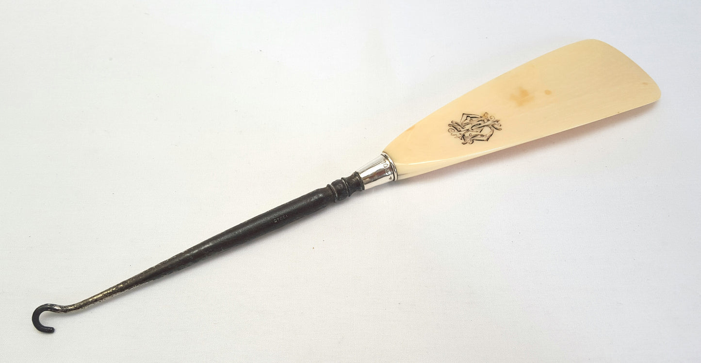 Antique Sterling Silver & Ivory Button Hook and Shoe Horn – London, Circa 1897