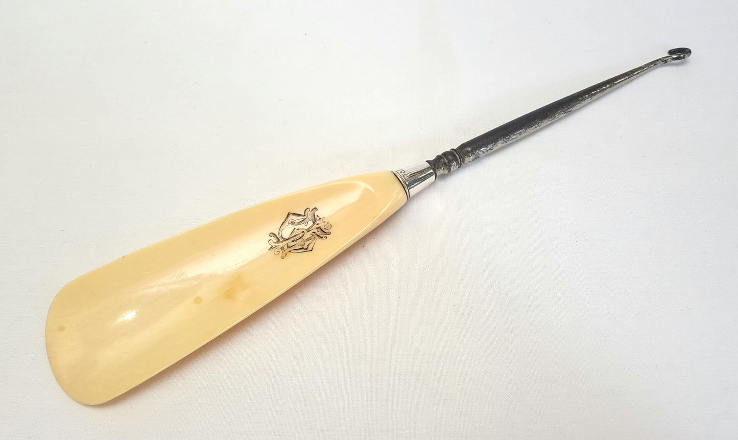 Antique Sterling Silver & Ivory Button Hook and Shoe Horn – London, Circa 1897