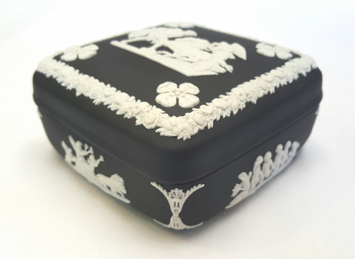 Vintage Black Basalt Jasperware Lidded Trinket Box by Wedgwood