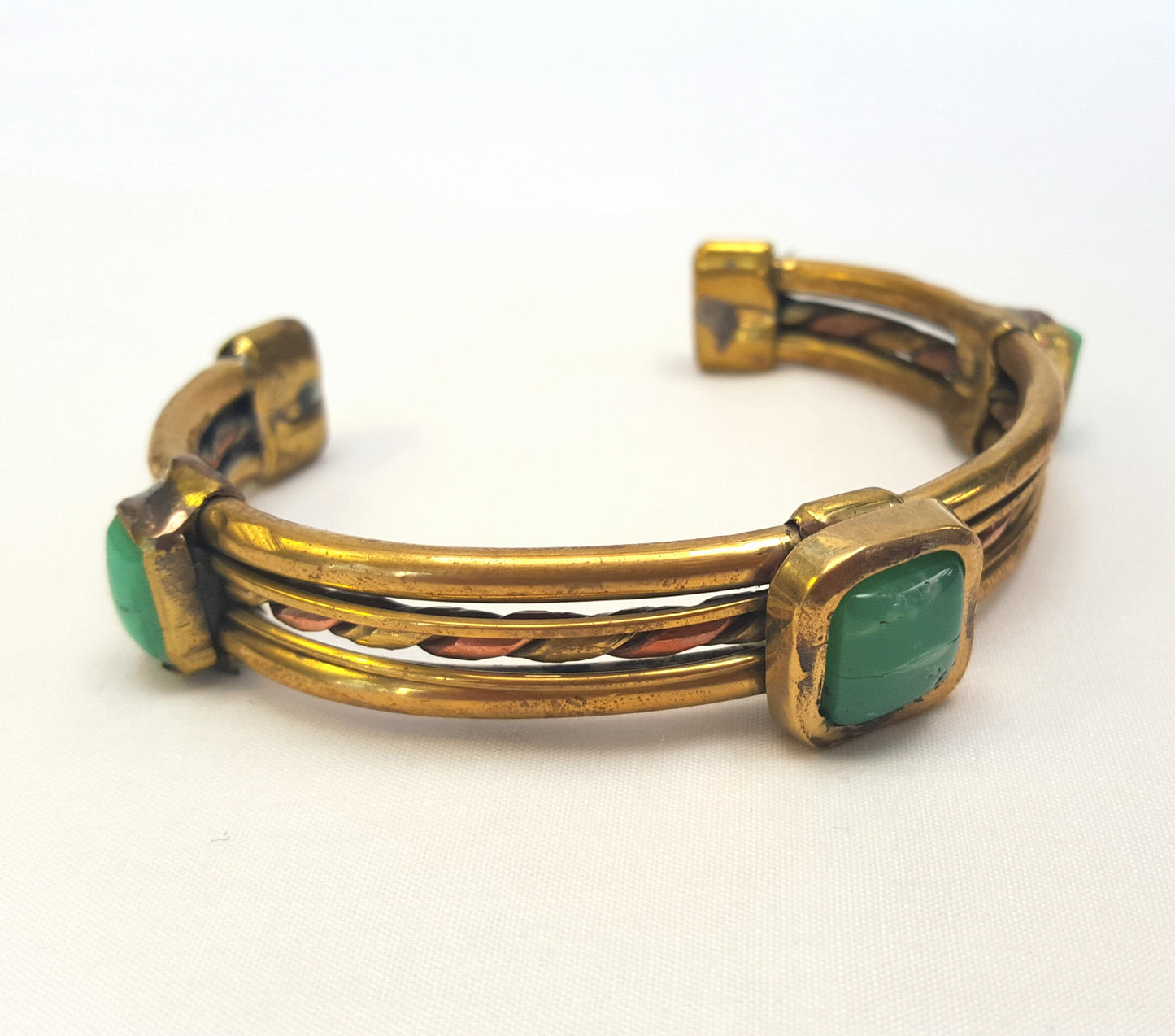 Handcrafted Copper & Brass Ladies Bangle with Chrysoprase Cabochons