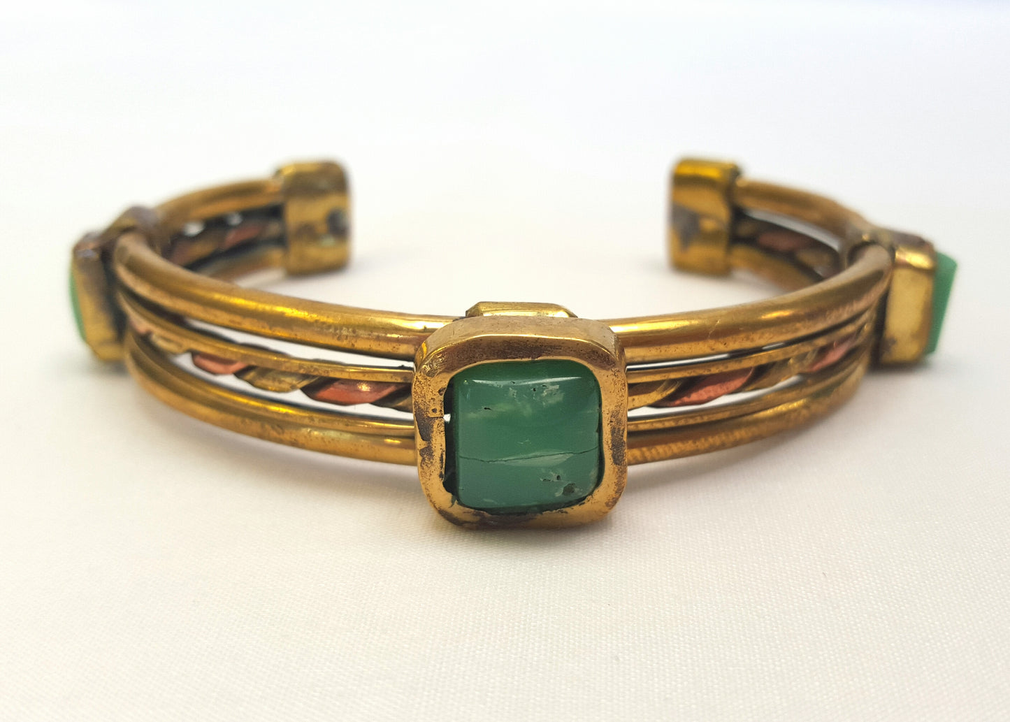 Handcrafted Copper & Brass Ladies Bangle with Chrysoprase Cabochons
