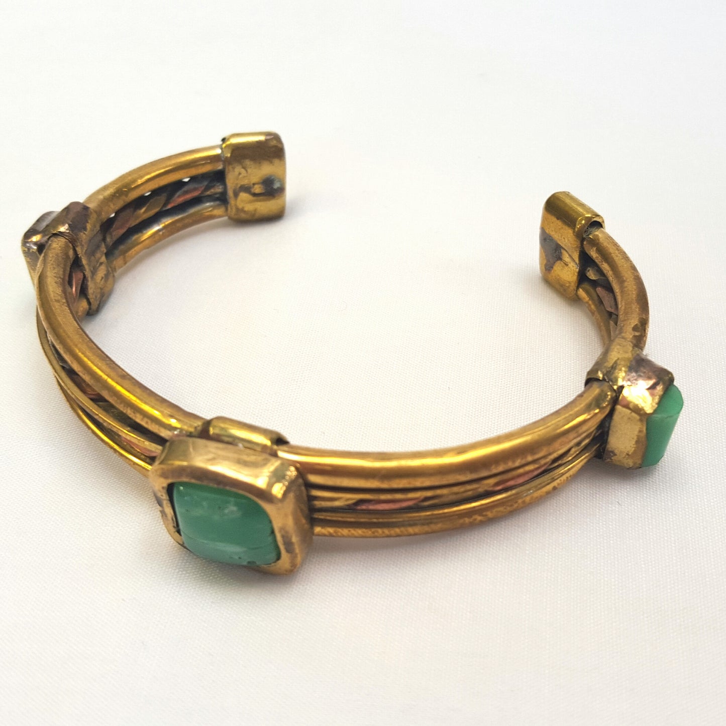 Handcrafted Copper & Brass Ladies Bangle with Chrysoprase Cabochons