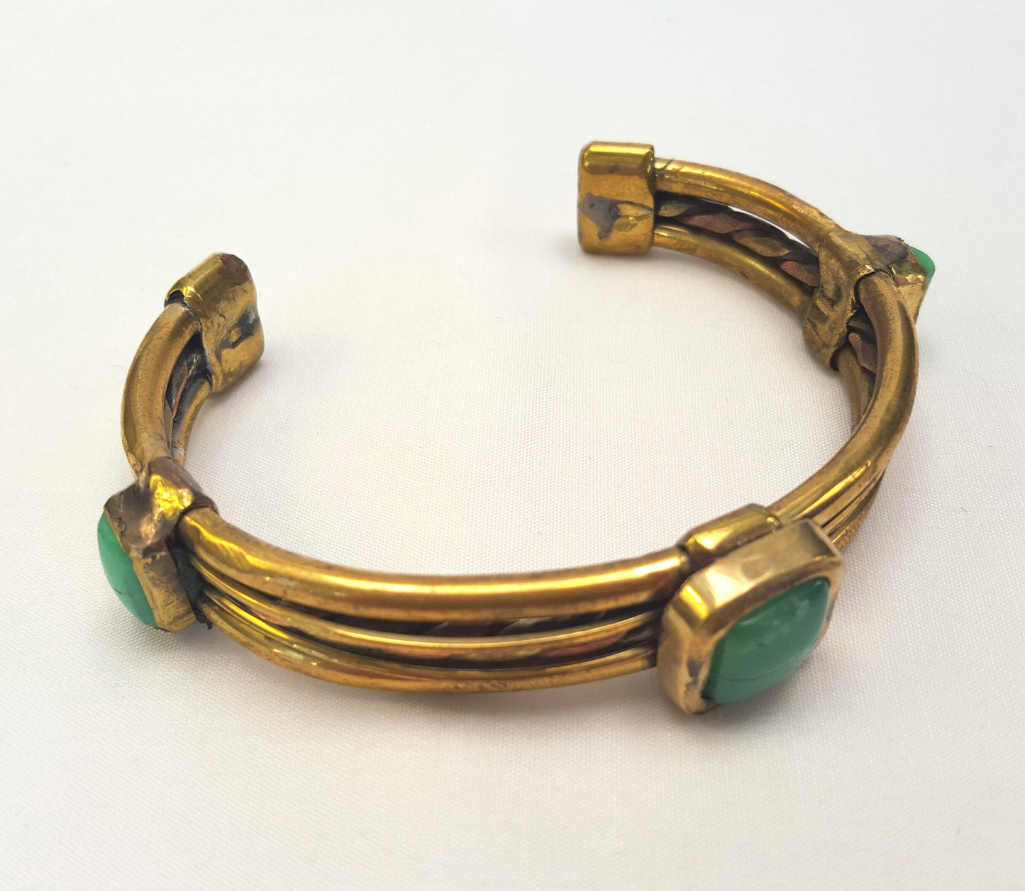 Handcrafted Copper & Brass Ladies Bangle with Chrysoprase Cabochons