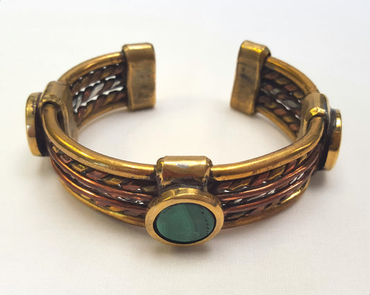 Handcrafted solid copper and brass men’s statement bangle set with three striking natural Malachite cabochons