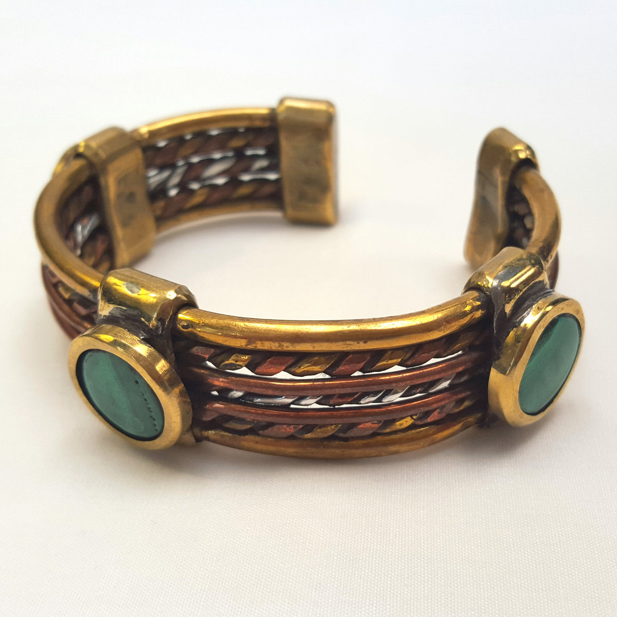 Handcrafted solid copper and brass men’s statement bangle set with three striking natural Malachite cabochons