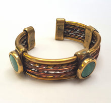 Load image into Gallery viewer, Copper and brass bangle set with three Malachite cabachons
