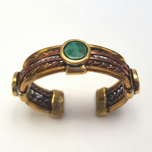 Load image into Gallery viewer, Copper and brass bangle set with three Malachite cabachons
