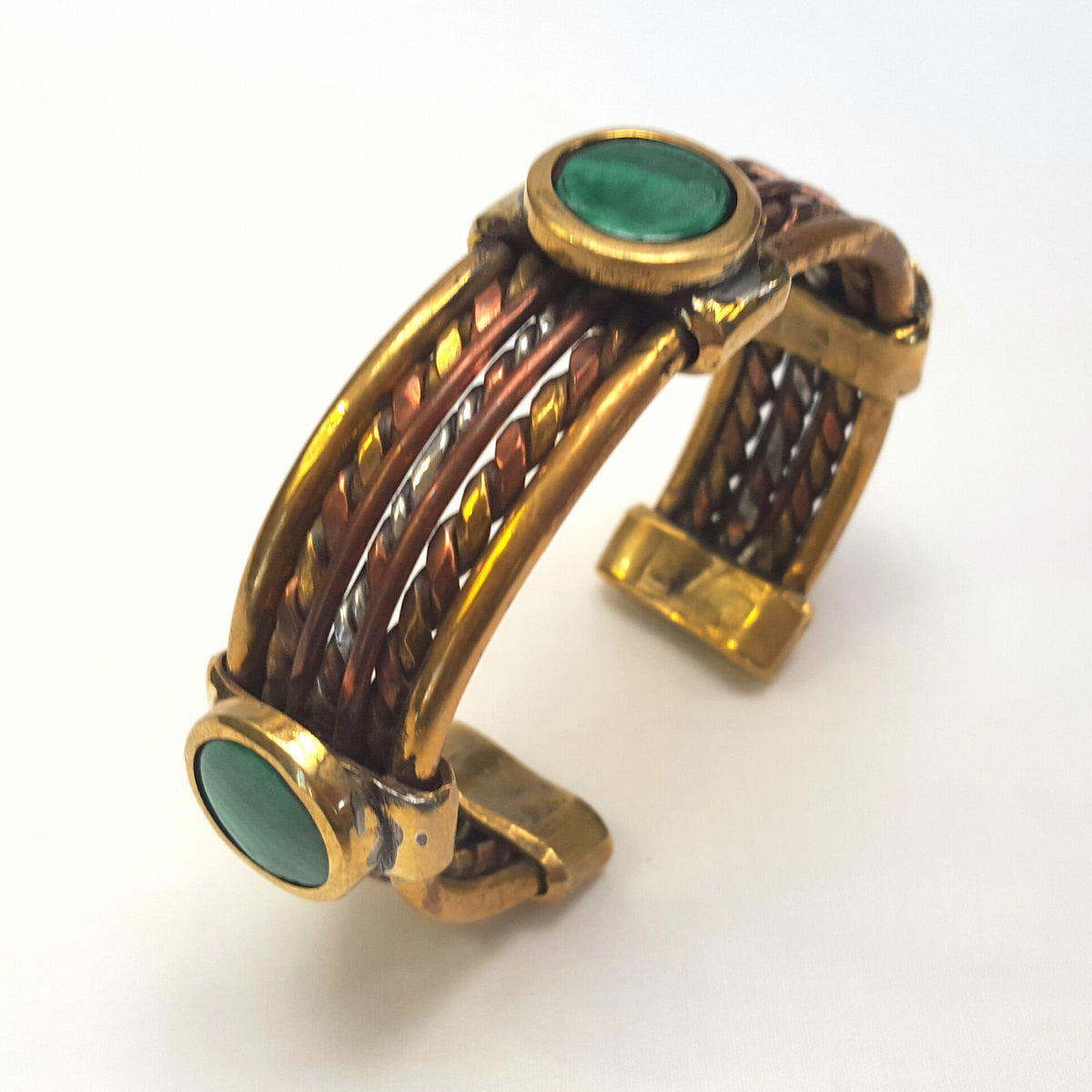 Handcrafted solid copper and brass men’s statement bangle set with three striking natural Malachite cabochons