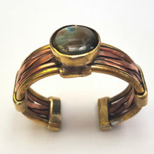 Load image into Gallery viewer, Hand crafted copper and brass men&#39;s bangle with Labradorite cabachon
