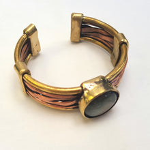 Load image into Gallery viewer, Hand crafted copper and brass men&#39;s bangle with Labradorite cabachon
